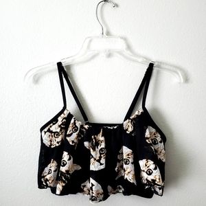 Esowell Cat Print Swim Top, Black & Brown, Size Medium